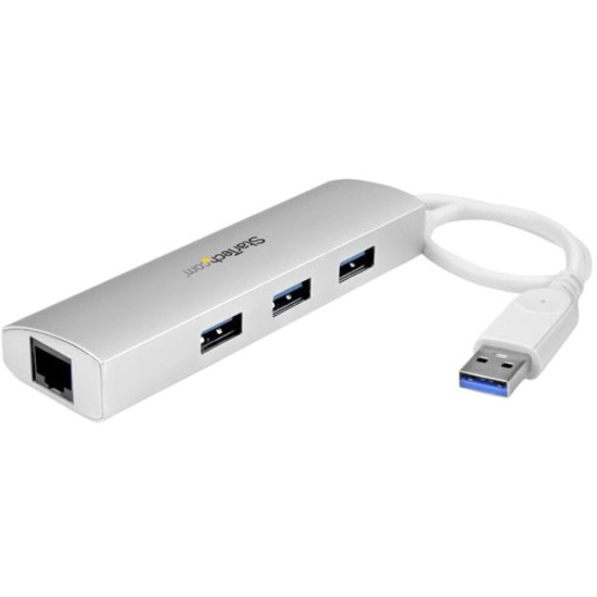 StarTech.com 3 Port Portable USB 3.0 Hub plus Gigabit Ethernet - Built-In Cable - Aluminum USB Hub with GbE Adapteridx ETS4360726