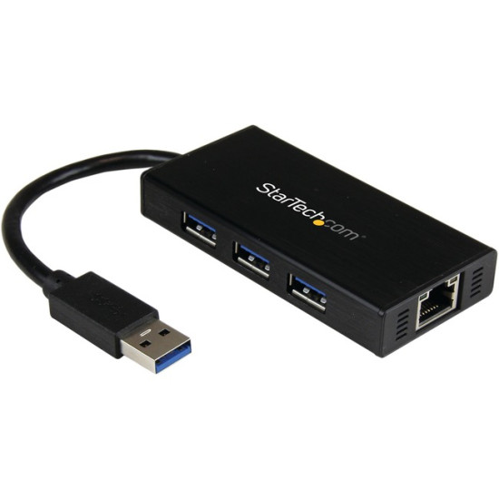 StarTech.com 3 Port Portable USB 3.0 Hub with Gigabit Ethernet Adapter NIC - Aluminum w/ Cableidx ETS3944029