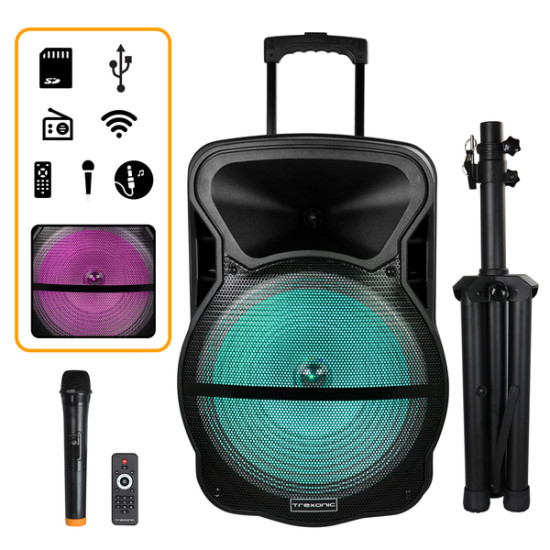 Trexonic Combination 15 Inch Bluetooth Portable Speaker and Tripod Stand with Reactive Lights
